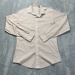 Brooks Brothers Dress Shirt Mens 15 4/5 White Brown Check Slim Non-Iron Stretch
